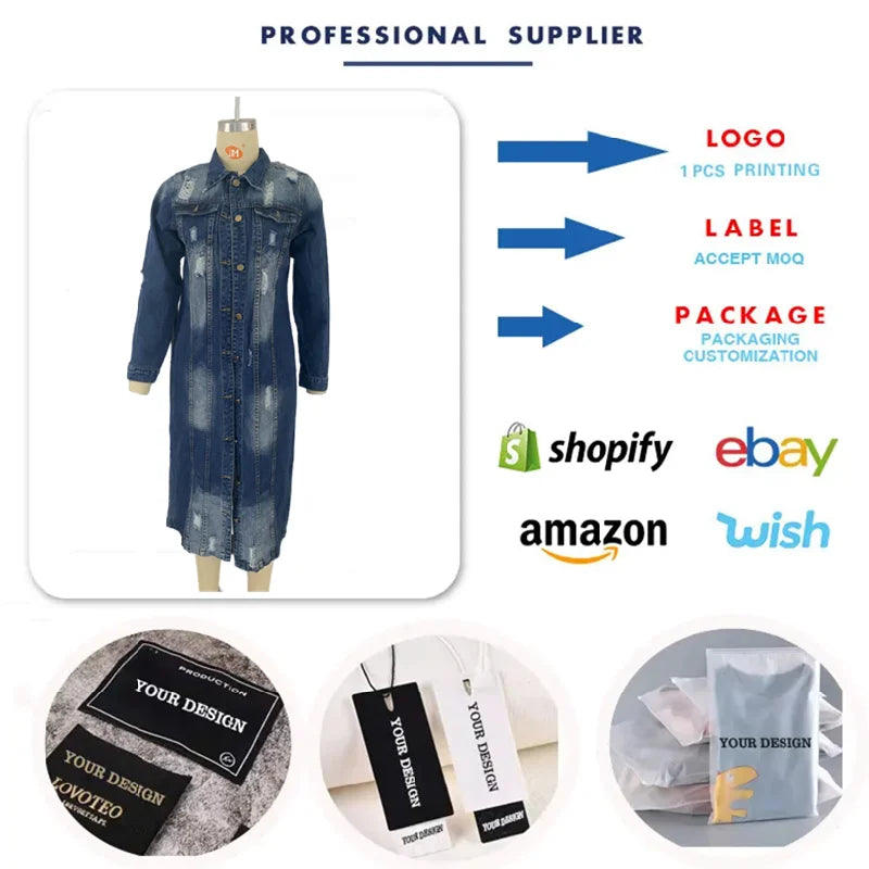 3 Colors S-3XL  Autumn Spring & Winter Long Denim Trench Coat Holes Denim Jackets for Ladies Casual Long Jean Jackets for Women