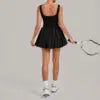12 Colors S-XL Women's Professional Tennis Dress Cross Back U-Shape Backless Top Fluffy Pleated Skirt With Pocket Running Fitness Tennis Dress Women Sports Clothing Supplies