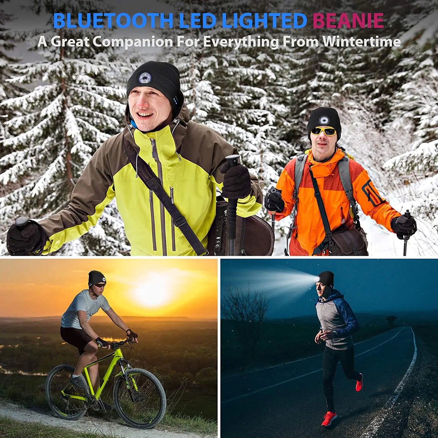 NEW Arrivals 4 Colors Handsfree Warm Beanie Bluetooth 5.0 LED Hat Wireless Stereo Headset Music Player With MIC Support Dimming Rechargeable Battery Sports Accessories