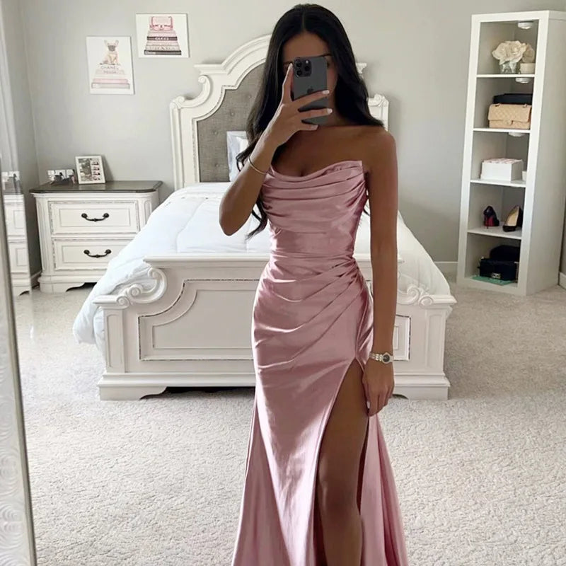 Satin Luxury Gowns High Quality Women's Elegant  Backless Solid Dress  Sleeveless  Ruched Bodycon Pleated  Sexy Satin Dress Long Maxi Dress Evening Party Night Clubwear Ladies Apparel Supplies