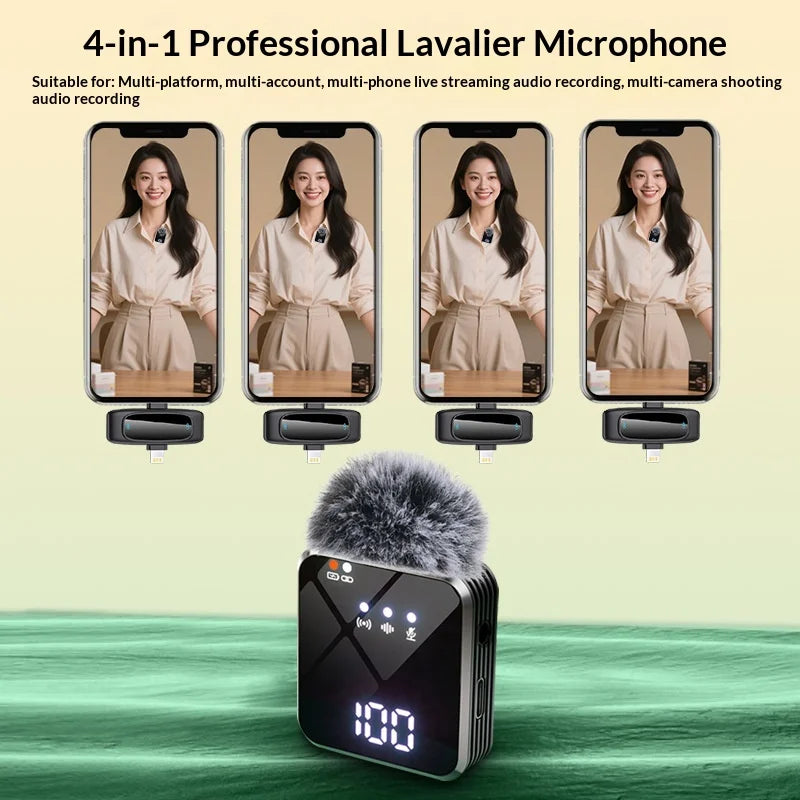 4 in 1 Wireless Lavalier Microphone Set with Power Digital Display, Noise Reduction Clip-on Mic for Live Streaming Phone TikTok YouTube Video Creation  Professional Microphones Set