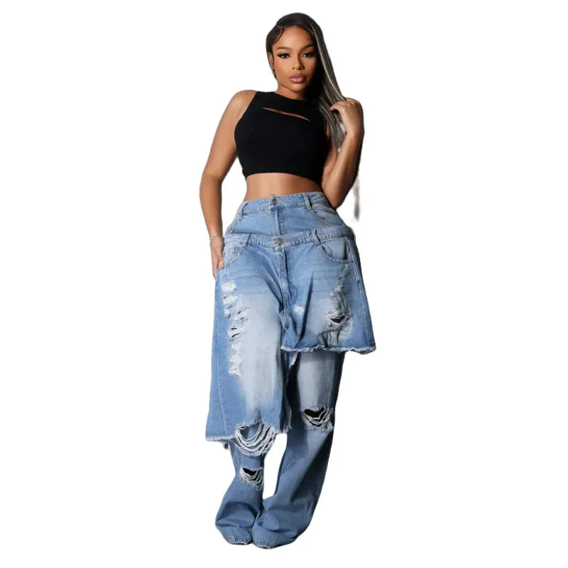 TikTok Most Popular S-2XL New Casual Straight-Leg Jeans Stretch Denim Fabric Fashionable Ripped Style Popular Europe America for Autumn Spring Summer Streetwear Female Casual Clothing Supplies