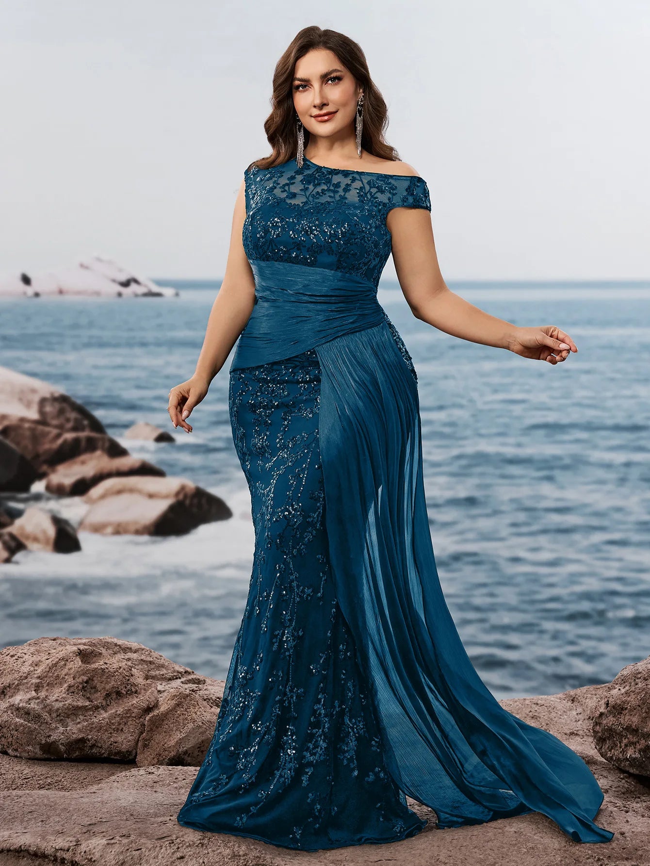 NEW Arrivals 5 Colors XL-4XL Plus Size Trendy Gowns for Curvy Ladies  Evening Party Wedding Guest Luxury Dresses High Waist One-Shoulder Sequined Elegant Mermaid Bridesmaid Dresses