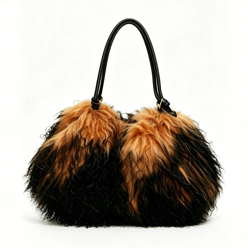 5 Colors Luxury Winter Ombre Faux Fur Leather Hobo Shoulder Tote Bag Women Single Strap Two-Tone Black Camel Fluffy Large Capacity Luxury Bags Ladies Apparel Accessories