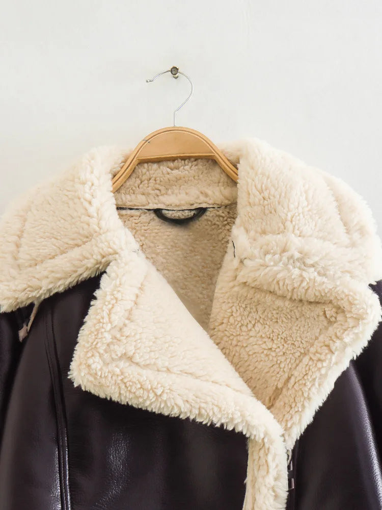 Women's New Fashion Faux Fur One Thickened Deep Warm Brown Double Sided Short PU Leather Jacket Short Coat Girls Autumn Winter Clothing Supplies