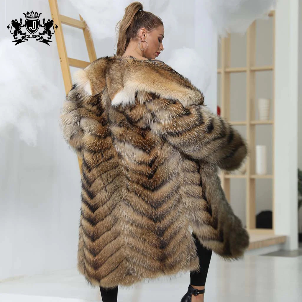 BEST PRICE 100% Real Raccoon Mink Fur Long Coats Women  Luxury Winter Warm Long Style Unisex Genuine Natural Raccoon Fur Outerwear Maxi Coat Red Carpet Celebrities Evening Business Party Prom Ladies Luxury Apparel Supplies