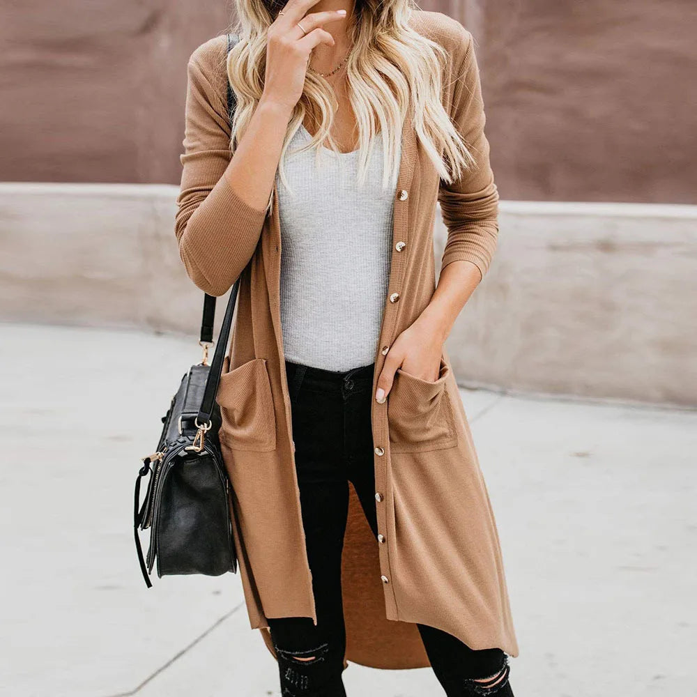 8 Colors S-2XL Women's Top Quality Long Sweater Cardigan Pocket Knitting V-Neck Winter Warm Outerwear Sweater With Pockets  Long Jackets Ladies Casual Clothing Supplies