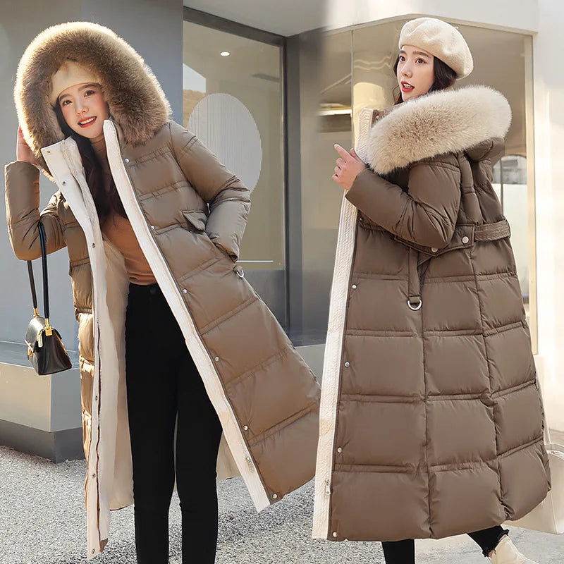 2025 Winter New Down Cotton Jacket Women's X-Long Faux Fur Collar Padded Jacket Thick Loose Large Size Jacket