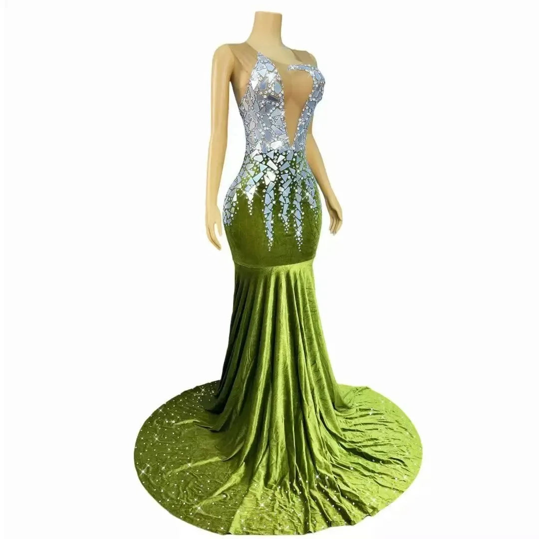 Boutique HOT SALE Ladies Luxury High-End Off-The-Shoulder Bodycon Floor-Length Flashing Silver Mirrors Rhinestones Crystal Elegant Red Carpet Celebrities Wedding Guest Evening Party Prom Gown Maxi Dress