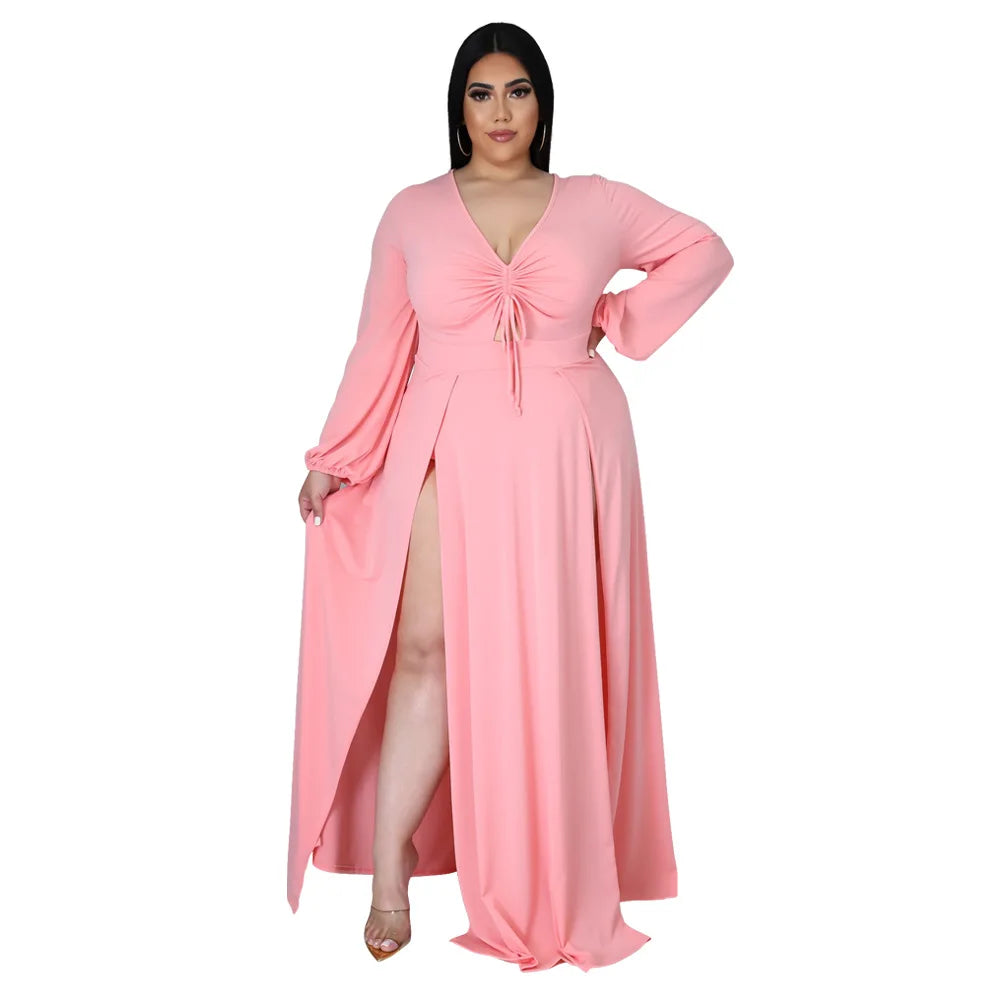 NEW Arrivals XL-5XL Plus Size Elegant Women Lace-Up V-neck Long Sleeve Sexy Plus Size Dresses 5xl Solid Color Split Fork Summer Clothes