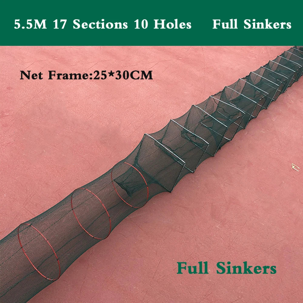 7-19 Sections 12 Holes Top Quality Professional Portable Folded Long Fishing Net 1.5M-5.5M, Crab Fish Net, Hand Casting Cage Crab Net, Mesh Trap Catcher Live Fish for Lobster