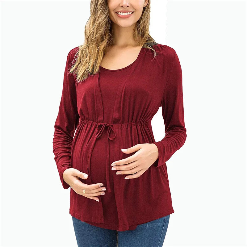 S-2XL Black/Red Solid Color Women's New Long-Sleeved Nursing Top O-Neck Fashion Casual Maternity Breastfeeding Tops Blouses Female Pregnancy Clothing Supplies
