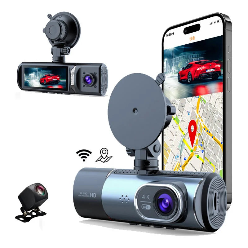 360* Degree 4K Driving Recorder 3.16 Inches IPS Screen Night Vision Three-Way Recording Wi-Fi App Connection Car Wireless Dashcam Camera Loop Recording Vehicle Safety Driving Products