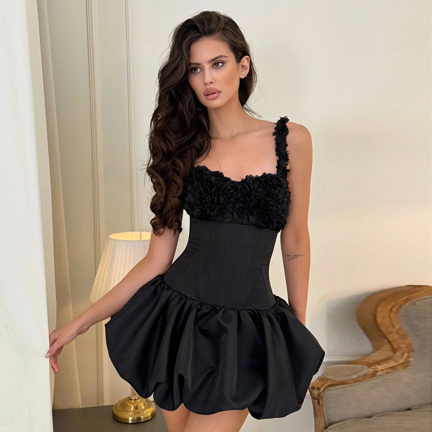 Women's 3D Rose Applique  Fishbone Corset Sexy Mini Dress, Lace Up Back Ruffle Strap A-line Bubble Skirt Evening  Party Night Clubwear & Dating Mini Dress Women Clothing Supplies