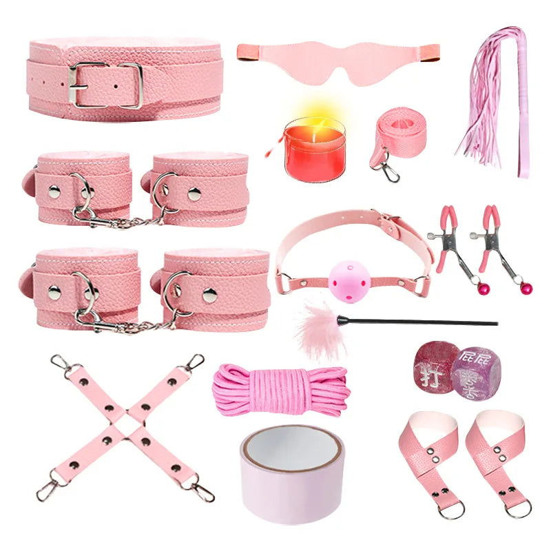 18 PCS Set 4 Colors BDSM  Fetish Sex Party Binding Handcuffs Leather Whip Anal Plug Adult Couples Intercourse Sex Toys Sex Play Tools Set