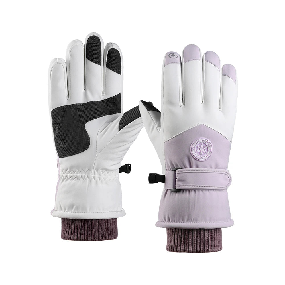 Purple/Black/Dark Gray Color Women Professional Ski Gloves Waterproof Windproof Thick Fleece Lined Touch Screen PU Anti Slip Mountaineering Skiing Durable Warm Design