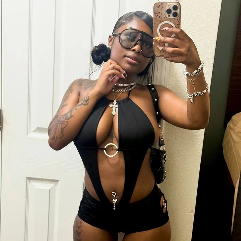 Hot Sexy New Summer Sexy Backless Jumpsuit for Women Halter Neck O-Ring Hollow Out Night Clubwear Evening Beach Party One Piece Playsuit Women Summer Spring Fashion Apparel Supplies