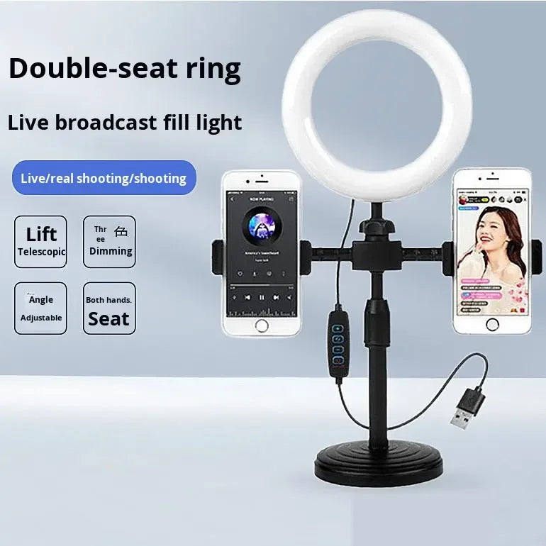 2 Phones Holder Portable Retractable Desktop Ring Light with Dual Phone Clip, Dimmable 6" LED Fill Light Stand for Live Streaming & Selfie TikTok YouTube Video Maker Vlog Social Media Tools Set