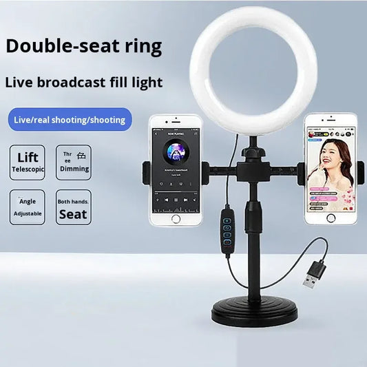 2 Phones Holder Portable Retractable Desktop Ring Light with Dual Phone Clip, Dimmable 6" LED Fill Light Stand for Live Streaming & Selfie TikTok YouTube Video Maker Vlog Social Media Tools Set