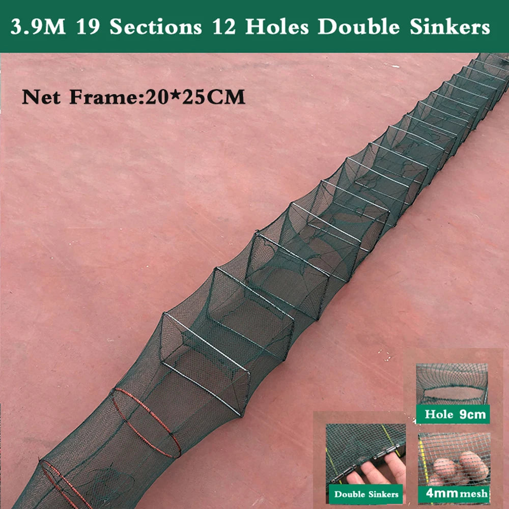 7-19 Sections 12 Holes Top Quality Professional Portable Folded Long Fishing Net 1.5M-5.5M, Crab Fish Net, Hand Casting Cage Crab Net, Mesh Trap Catcher Live Fish for Lobster