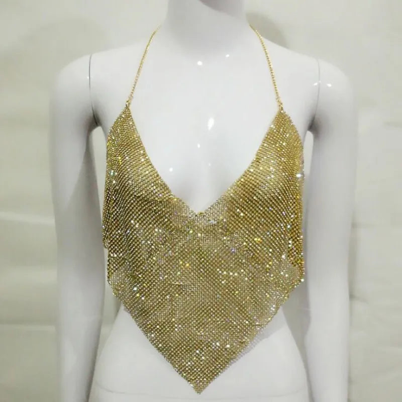 Gold/Silvery Color Sexy Backless Crop Top Femme V Neck Camis Halter Hollow Out Sexy Summer Spring Tanks Party Sexy Tops for Women Clubwear EYX611
