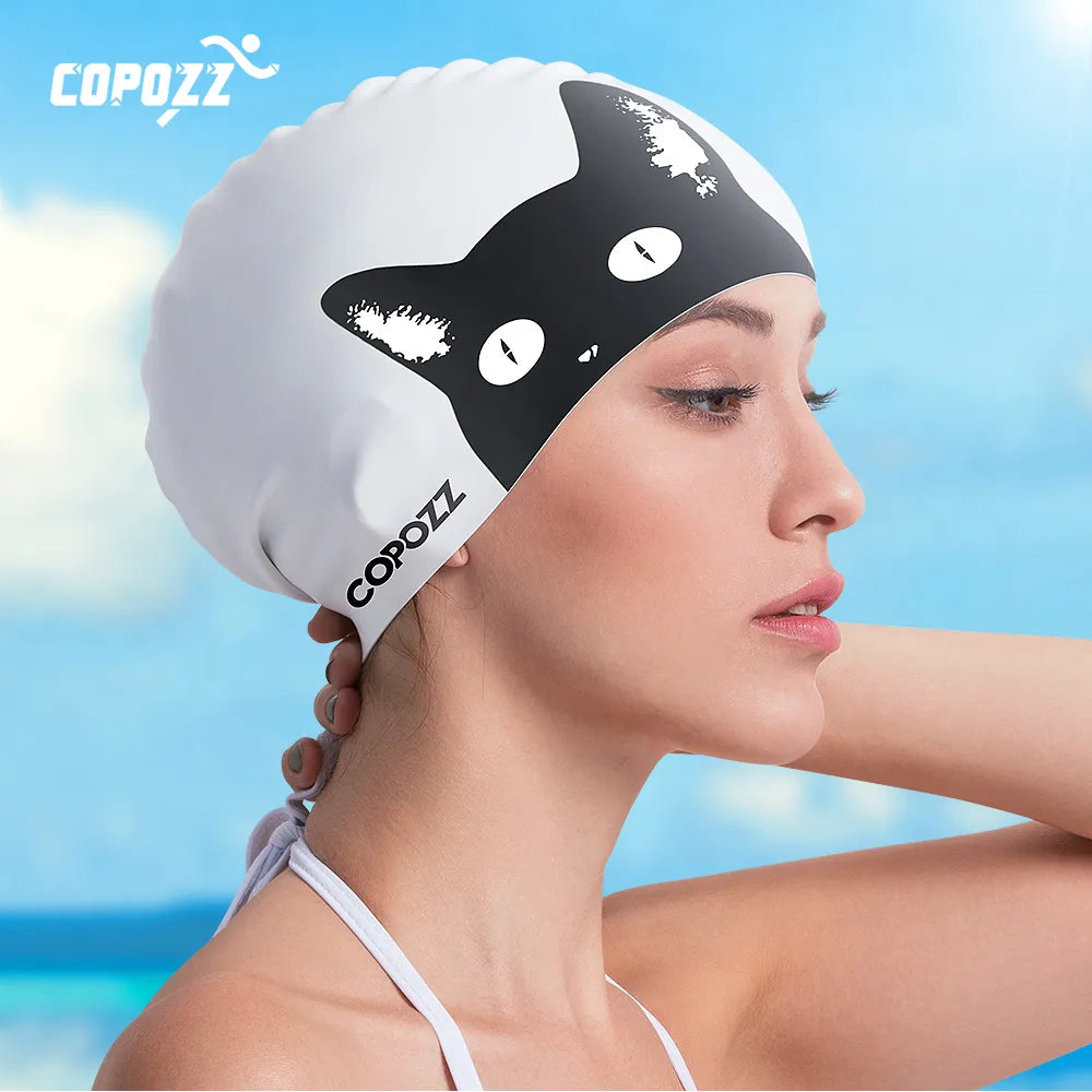 COPOZZ Waterproof Silicone Swimming Cap  Long Hair Professional Women Swim Hat  Ear Protection Water Sports Swimming Pool Cap