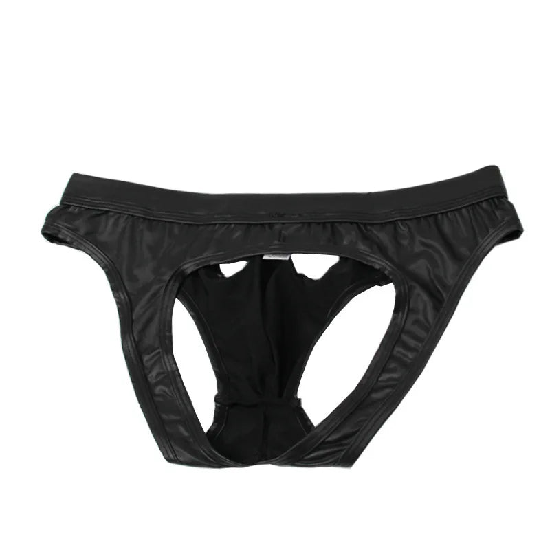 Sexy Gay Underwear Men G-string & Thongs Hollow Back Jockstrap Black Faux Leather Panties Man Lingerie Erotic Penis Underpants