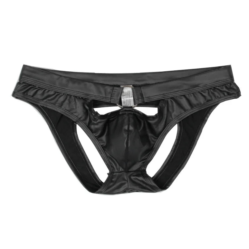 Sexy Gay Underwear Men G-string & Thongs Hollow Back Jockstrap Black Faux Leather Panties Man Lingerie Erotic Penis Underpants