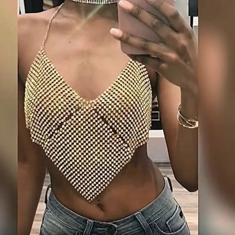 Gold/Silvery Color Sexy Backless Crop Top Femme V Neck Camis Halter Hollow Out Sexy Summer Spring Tanks Party Sexy Tops for Women Clubwear EYX611