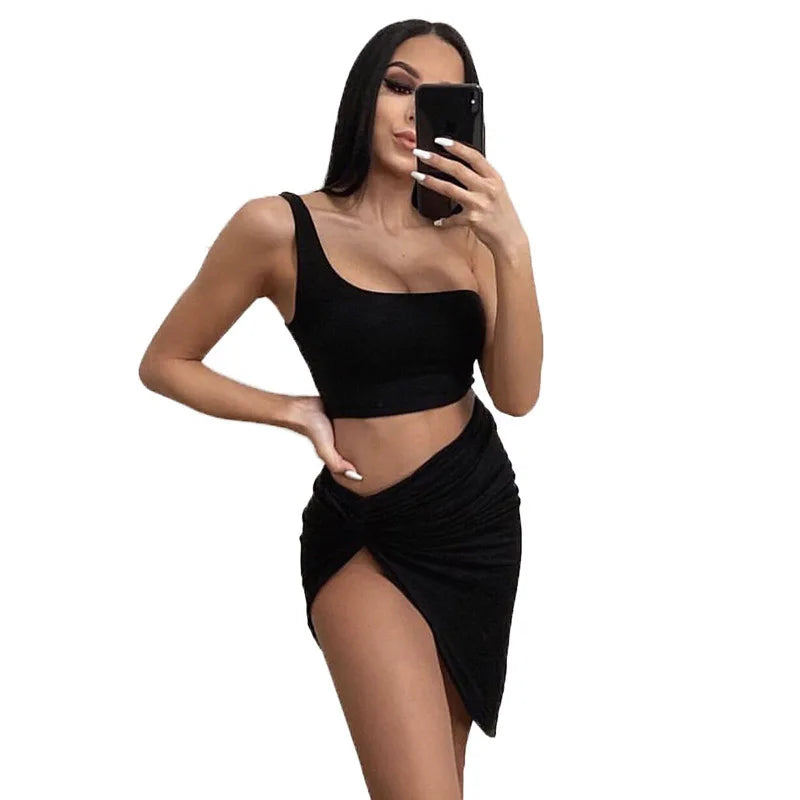 BRAND NEW 2 PCS Set 4 Colors Sexy One Shoulder Crop Tops Rushed Dress  Women Neon Color Sexy Side Split Summer Beach Ladies Suit