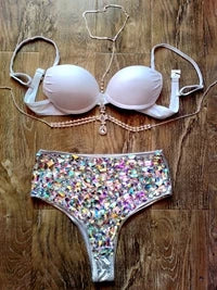 Hot Selling Open Hot Girl Push Up Bikini Bling Rhinestone Swimwear with Chains