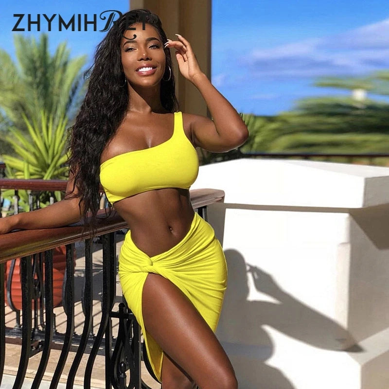 BRAND NEW 2 PCS Set 4 Colors Sexy One Shoulder Crop Tops Rushed Dress  Women Neon Color Sexy Side Split Summer Beach Ladies Suit
