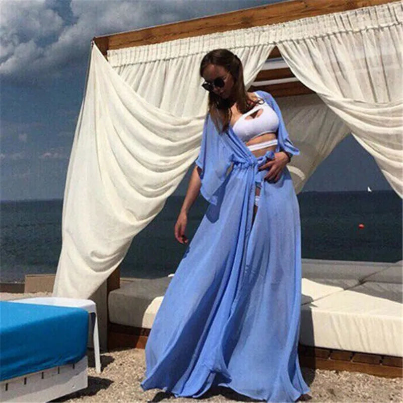 Summer Lady Beach Cover Up Sexy Bikini Chiffon Long Dress For Women Solid Beach Dress Women Bathing Suit Beach Tunic Kaftan