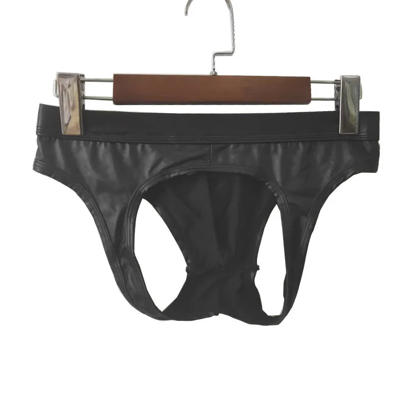 Sexy Gay Underwear Men G-string & Thongs Hollow Back Jockstrap Black Faux Leather Panties Man Lingerie Erotic Penis Underpants