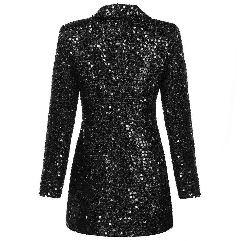 High Quality Fashion  Designer Blazer Women Double Lion Buttons Shawl Collar Glitter Sequined Long Runway Black Blazers
