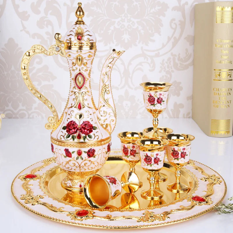 New Arrival 8 Colors Elegant Golden White Wine Set Court Wine Jug Cups Plate Set Home Bar Exquisite Decor
