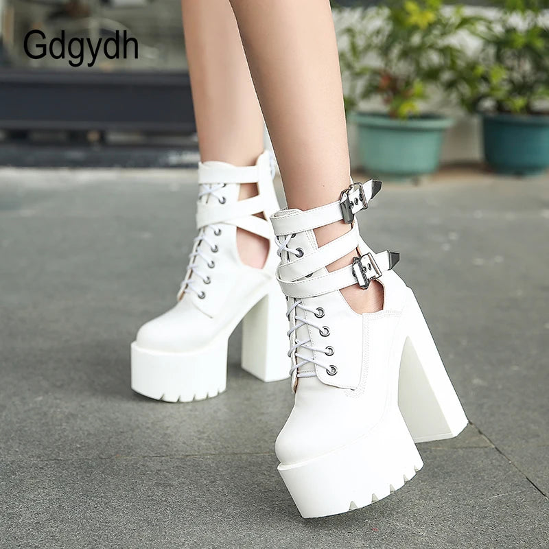 Gdgydh Ankle Buckle Strap Womens Block Heels Platform Boots Nightclub Party Shoes High Heels Hollow Out Goth Short Boots Zipper