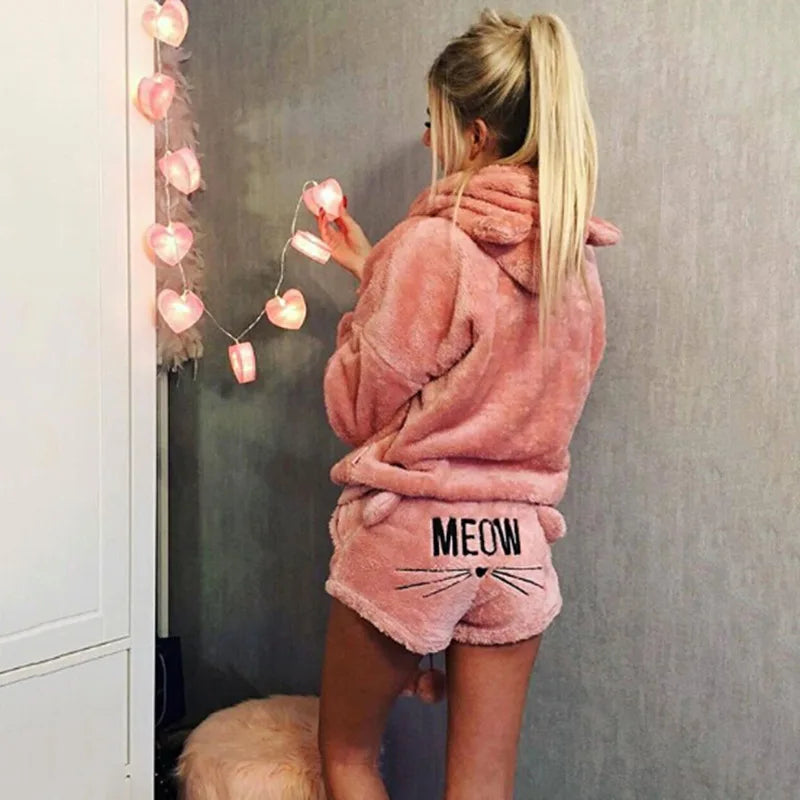 NEW Arrivals S-5XL PLUS SIZE 5 Colors Curvy Women Fleece Cotton/Wool Pajamas Female Pajamas Set  Autumn Winter Warm Sleepwear Women Sexy Lingerie Cat Kitty Set Big Girls  Home Night Wear