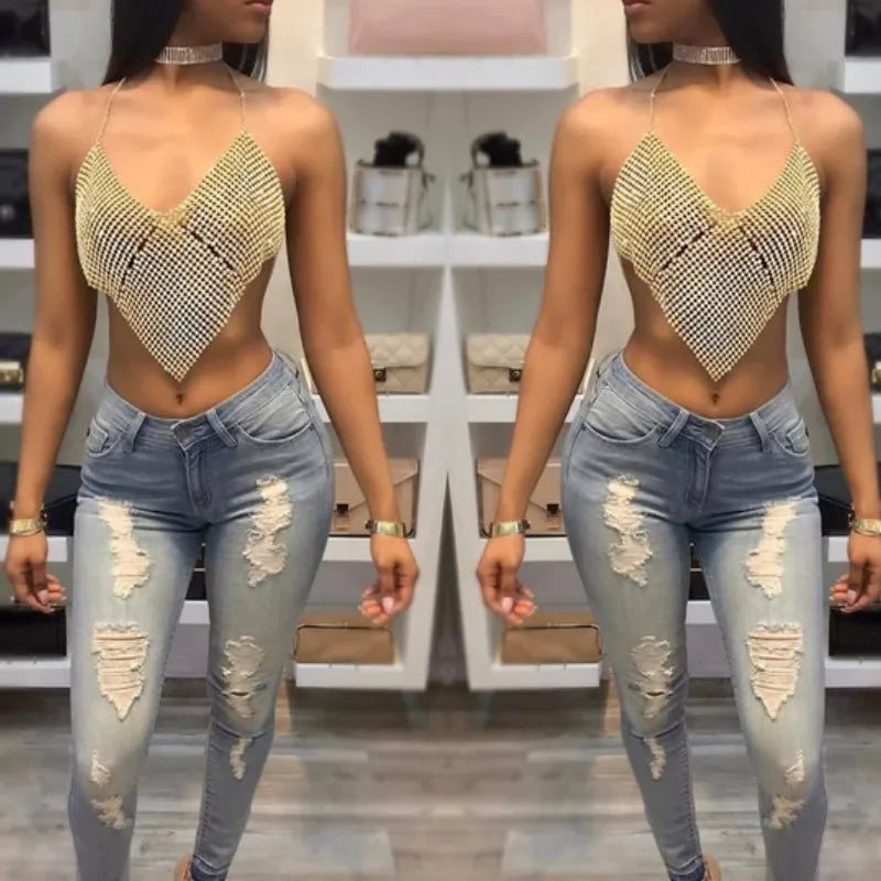 Gold/Silvery Color Sexy Backless Crop Top Femme V Neck Camis Halter Hollow Out Sexy Summer Spring Tanks Party Sexy Tops for Women Clubwear EYX611