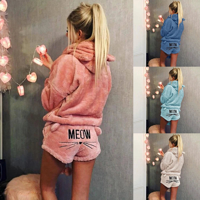 NEW Arrivals S-5XL PLUS SIZE 5 Colors Curvy Women Fleece Cotton/Wool Pajamas Female Pajamas Set  Autumn Winter Warm Sleepwear Women Sexy Lingerie Cat Kitty Set Big Girls  Home Night Wear