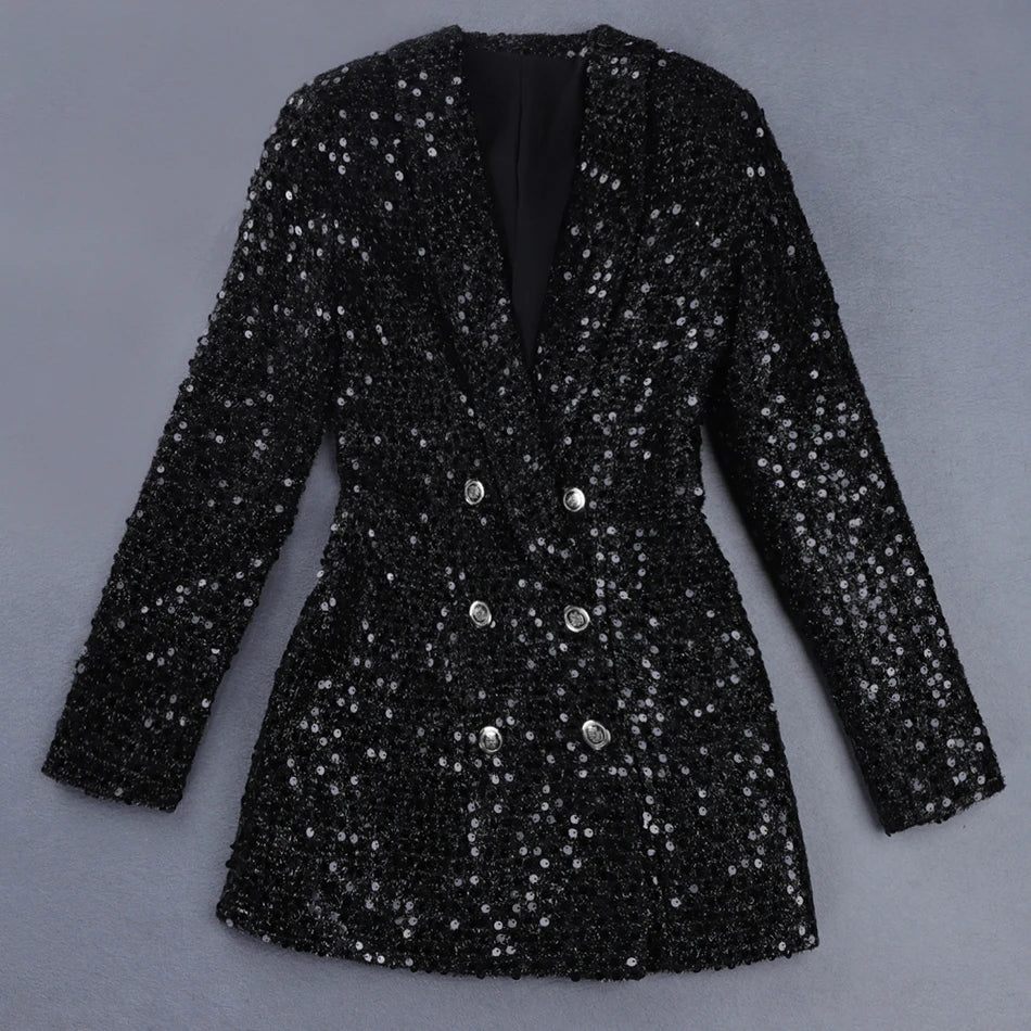 High Quality Fashion  Designer Blazer Women Double Lion Buttons Shawl Collar Glitter Sequined Long Runway Black Blazers