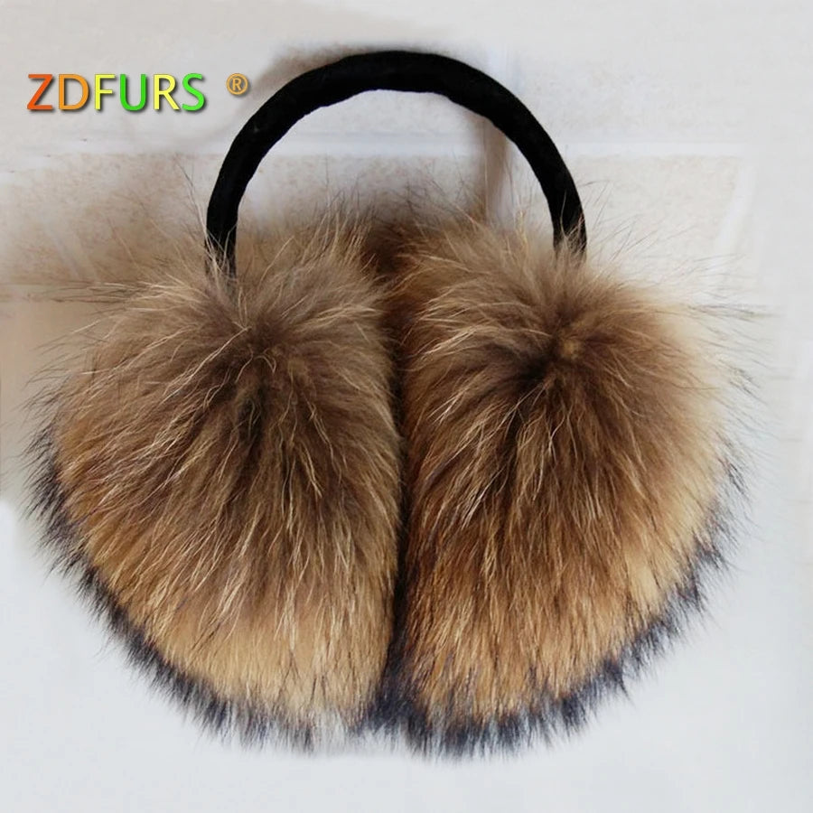 NEW Arrivals  Oversized Really Big Natural Raccoon Fur Earmuffs Real Fur Earmuffs Lovely Personality Plush Fur Ear Cover  Winter Warm Outdoor Snow Clothing Accessories Supplies Female Girls Luxury Fashion Clothing Products