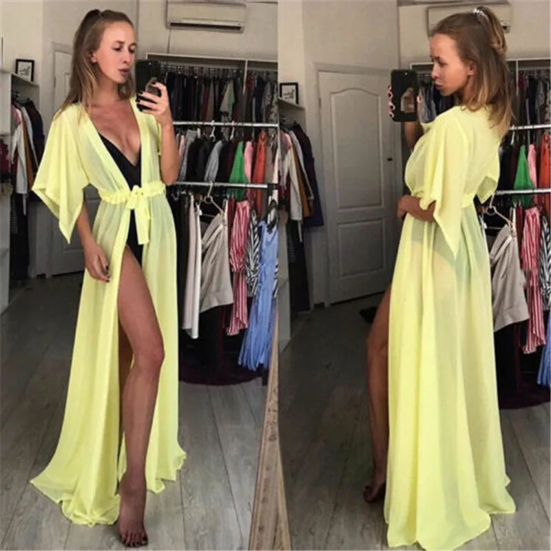 Summer Lady Beach Cover Up Sexy Bikini Chiffon Long Dress For Women Solid Beach Dress Women Bathing Suit Beach Tunic Kaftan