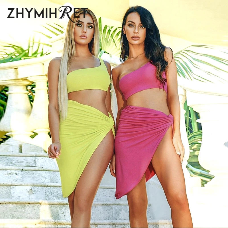 BRAND NEW 2 PCS Set 4 Colors Sexy One Shoulder Crop Tops Rushed Dress  Women Neon Color Sexy Side Split Summer Beach Ladies Suit