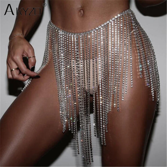 Golden/Silver Color Super Sexy Sparkly Rhinestone Tassel Chain Skirt New Arrival Sexy Shine Hollow Out Handmade Nightclub Beach Mini Skirt