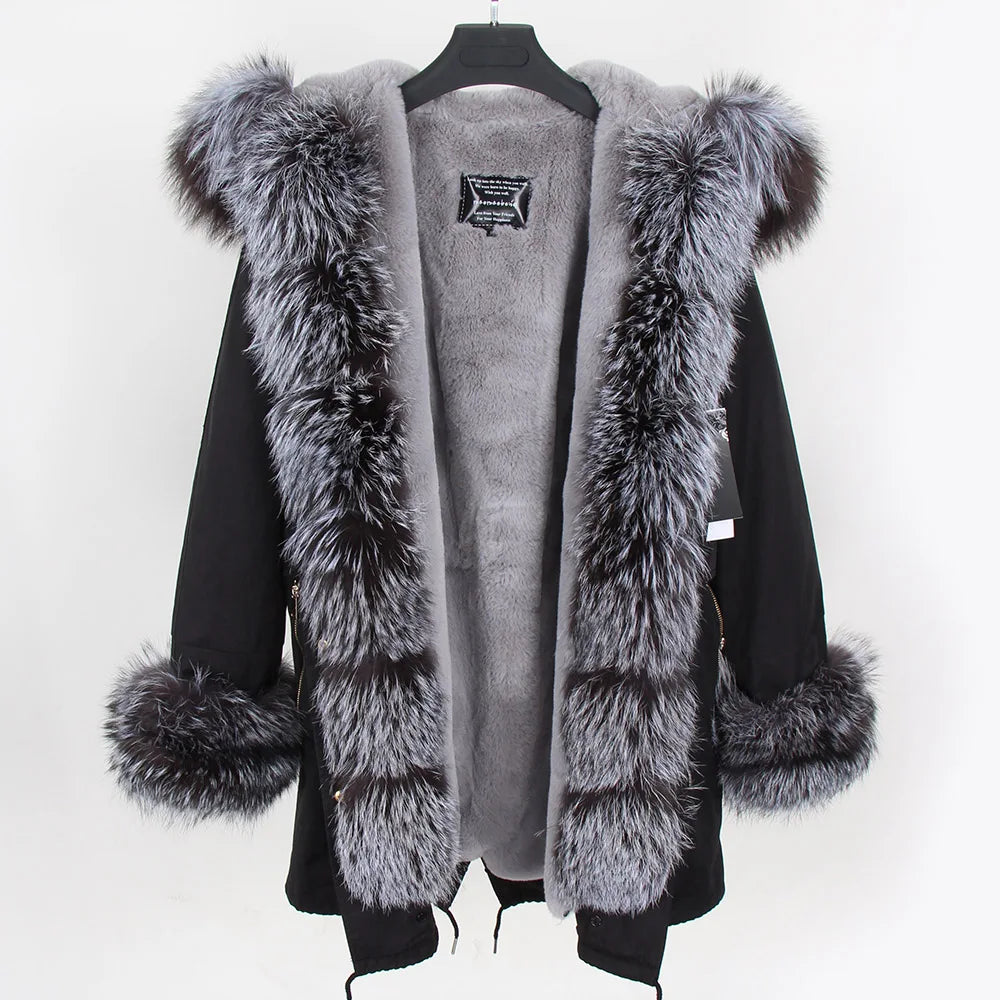 NEW Arrivals Winter Warm Snow Outerwear Women Female Natural Real Fox Fur Coats Real Fur Long Black Jacket  Cotton Thick Coat Girls Casual Winter Luxury Fashion Clothing Products