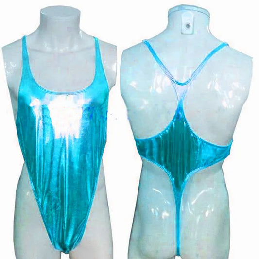 Gay/Men Shiny Bodysuit Thong Leotard Coated Metallic High Cut Racer Back