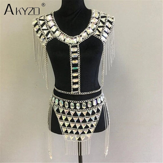 NEW Arrivals 2PCS Set Sexy Crystal Sequin Women Festival Outfits Handmade Patchwork Metal Tassel Chain Crop Top Women's Set