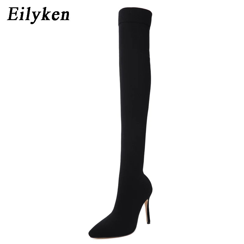 Fashion Woman Stretch Fabric Sock Boots Over the Knee Thigh High Heel Pointed Toe Female Booties Size 35-42
