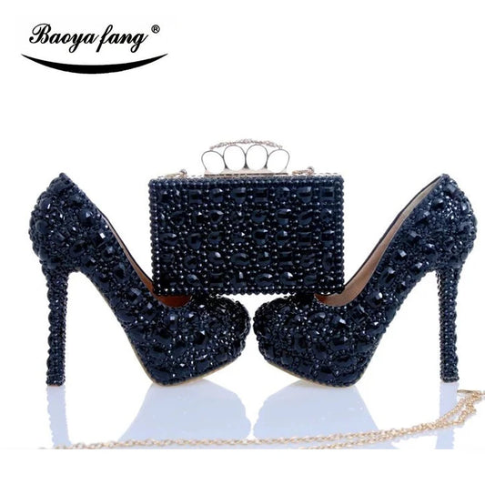 Luxury Black Crystal Wedding Shoes Set with Matching Bags Woman Fashion Diamonds Shoes 8CM-11CM-14CM High Heels Platform Plus Size Ladies Luxury Fashion Apparel Accessories Clothing Supplies
